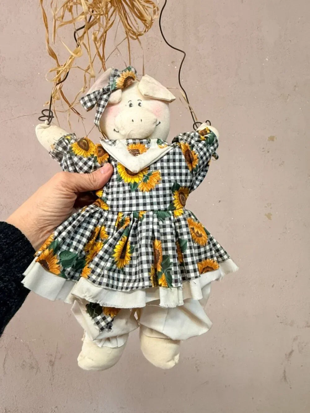 Vintage Cute Country Pig in Sunflower Dress Wall Door Hanging Handmade